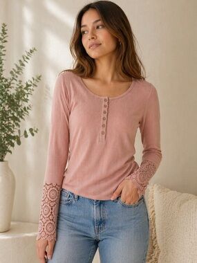 Amazon Women's Long Sleeve Henley Top with Crochet Cuffs - Rose